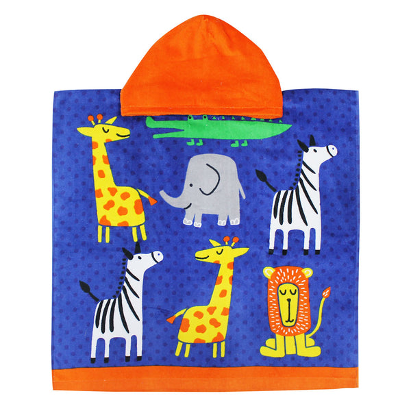 Kids hooded poncho beach towel zoo animals