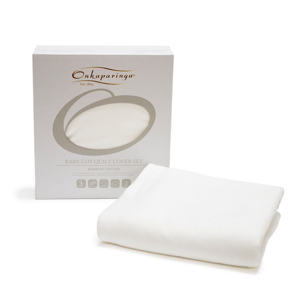 Bamboo Cotton Jersey Quilt Cover Set -for Cot size quilt white and silver grey folded with white gift box.