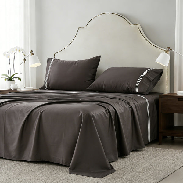 Embroidered Egyptian Cotton Hotel Sheet Set- Chocolate