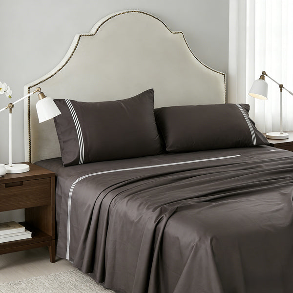 Embroidered Egyptian Cotton Hotel Sheet Set- Chocolate