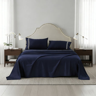 Embroidered Egyptian Cotton Hotel Sheet Set- Navy