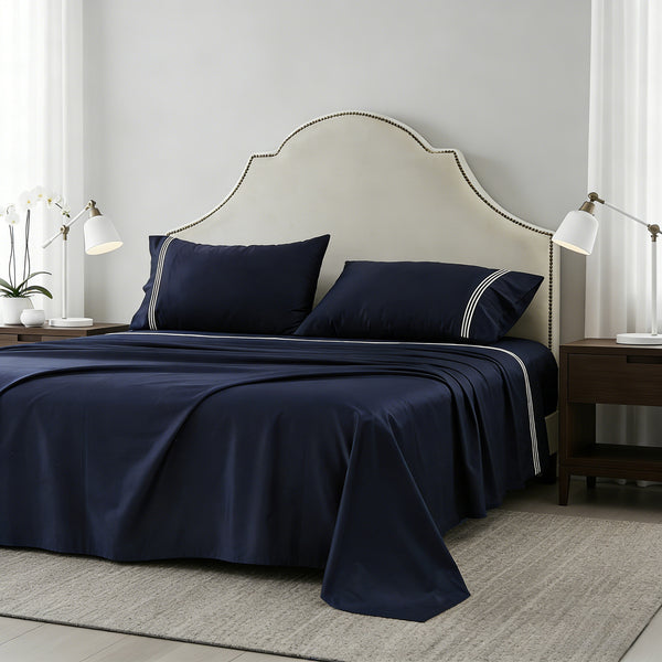 Embroidered Egyptian Cotton Hotel Sheet Set- Navy