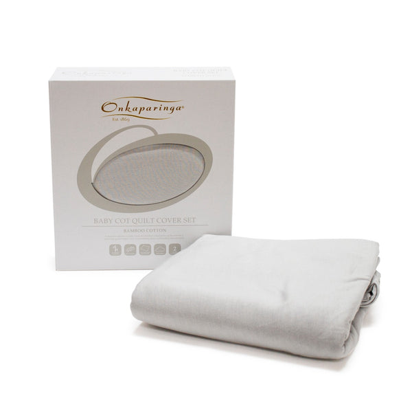 Bamboo Cotton Jersey Quilt Cover Set -for Cot size quilt white and silver grey folded with white gift box.