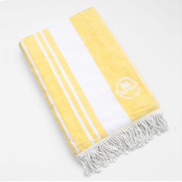 Folded Portsea stripe fringed beach towel yellow.